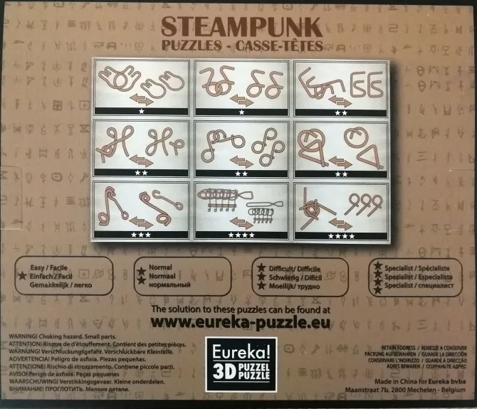 Steampunk Puzzles Set Brown Box - 9 Disentanglement Metal Puzzles